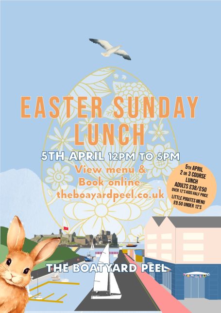 Easter Sunday lunch promotion featuring a decorative egg design and a cute rabbit.