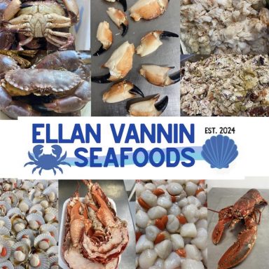 Crabs, seafood, and shellfish arranged with "Ellan Vannin Seafoods" branding.