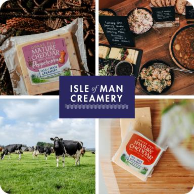 Isle of Man Creamery products and cows in a rural setting.