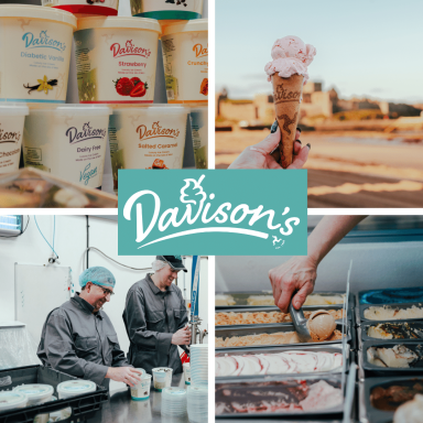 Various ice cream products, a cone being held, and workers serving ice cream.