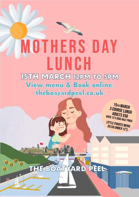 Mother's Day lunch poster featuring a mother and child, with event details and floral decorations.