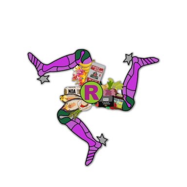 Colourful design featuring a stylised figure with food items and a green 'R' logo.