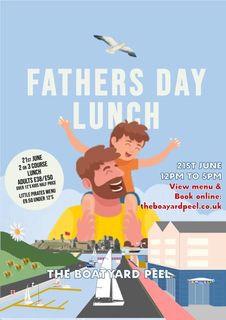 Fathers day A father and son enjoying time together with text promoting Father's Day lunch.