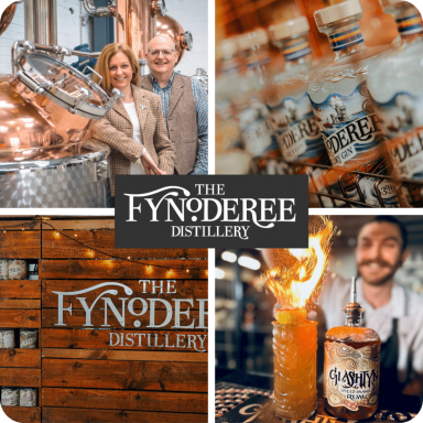 A collage featuring the Fynoderee Distillery, its products, and staff members.